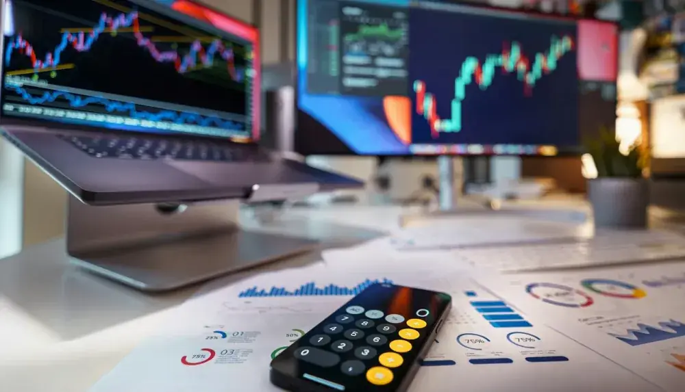Investidor comparando gráfico de fundo imobiliário no celular ao lado de calculadora